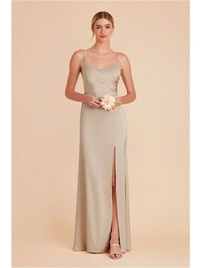 Birdy Grey Catherine Matte Satin Formal Maxi Dress Neutral Champagne Slit XS
